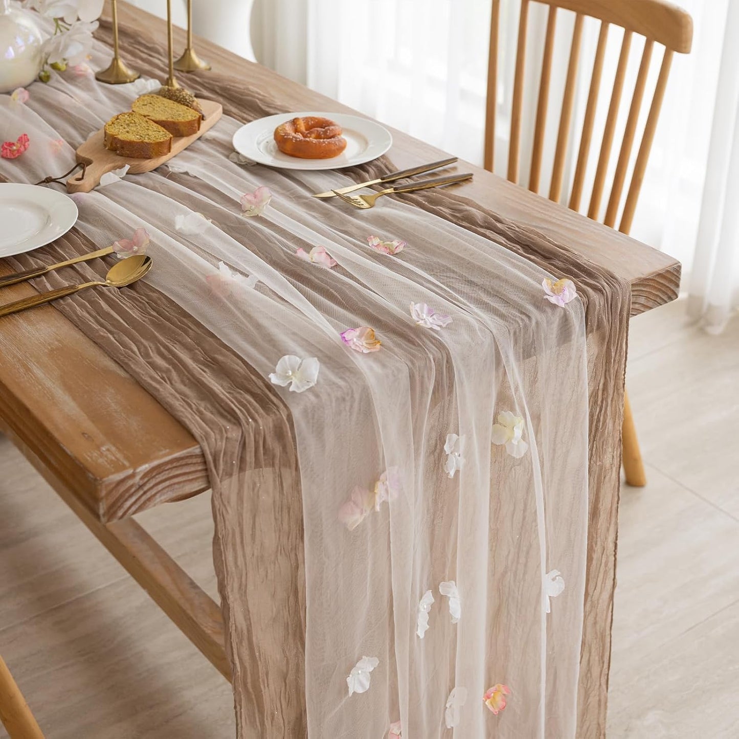 Romantic Artificial Floral Table Runner 10ft Gauze Tulle Lace Table Runner Set for Wedding Baby Shower Bridal Shower Holiday Kitchen Dining Table Decoration for Home Party Special Occasion