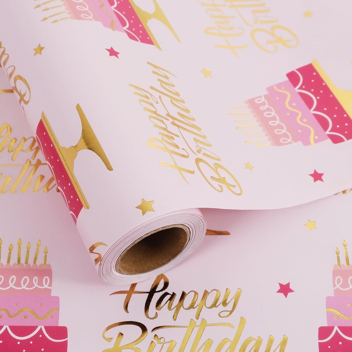 Aimyoo Pink Birthday Wrapping Paper Roll - 17 Inch X 32.8 Feet - Gold Foil Celebration Cake, Happy Birthday Lettering Design Gift Wrap for Kids, Baby Showers