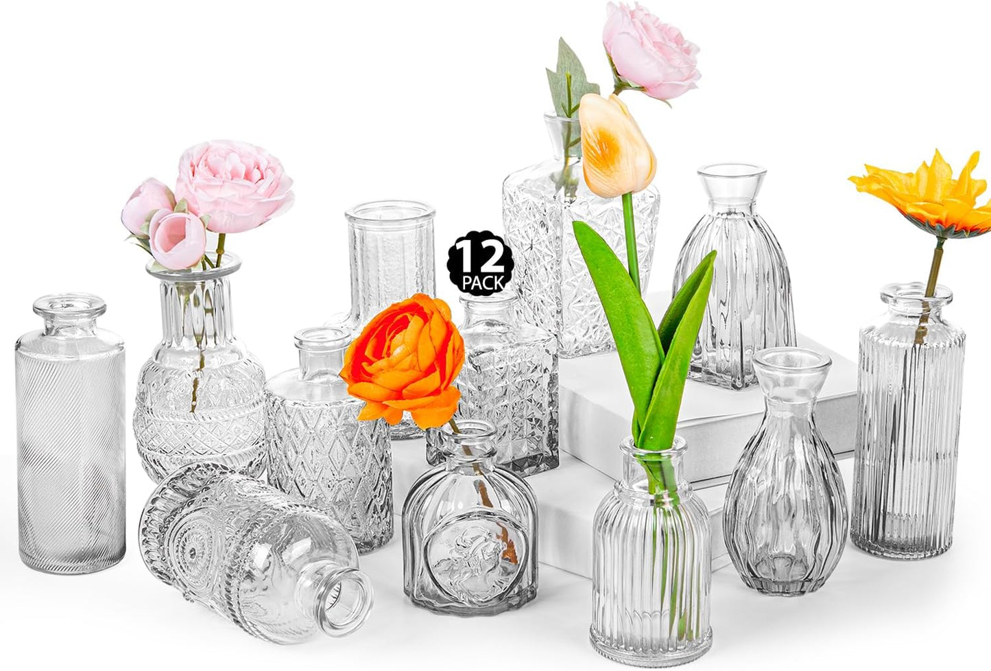 Glass Bud Vase Set of 12, Clear Bud Vases in Bulk, Small Flower Vases for Table Centerpieces, Mini Vintage Vases for Rustic Wedding Party, Bridal Shower, Home Decoration (12 Pack)
