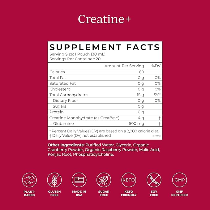 CYMBIOTIKA Liposomal Creatine+, 4mg Creatine and 500mg Glutamine, for Amino Energy, Recovery, Muscle Mass & Brain Support, Gluten Free & Vegan, Raspberry Flavor, 2 Month Supply, 60 Day Supply