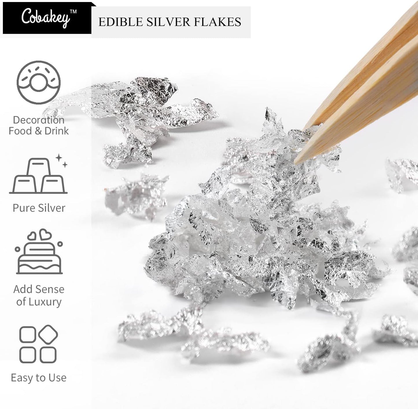 Cobakey Edible Silver Leaf - 50mg Silver Flakes for Cake Decoration (Cupcake, Chocolate, Steak, Drink & Cooking), Edible PureSilver with Edible Glitter & Wooden Tweezers