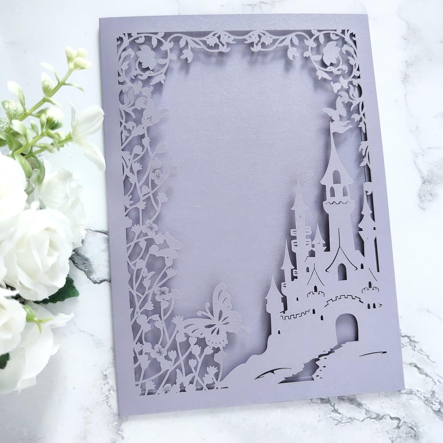 20PCS Castle Pocket Invitations, Quinceanera Invitations with Envelopes, Princess Invitation, Laser Cut quince invites (purple)