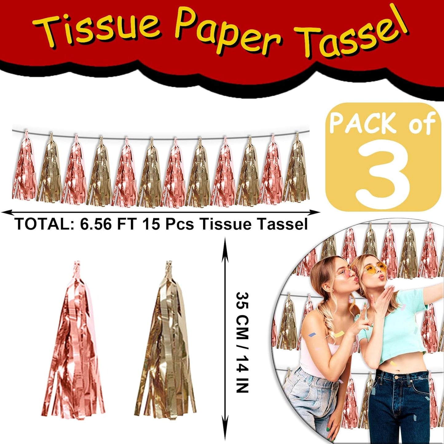 3P Rose Champagne Gold Metallic Fringe Tassel Banner Garland Foil Tinsel Streamer Wall Hanging Curtain Backdrop Banner for Parade Floats, Graduation Decorations, Wedding Party Decoration