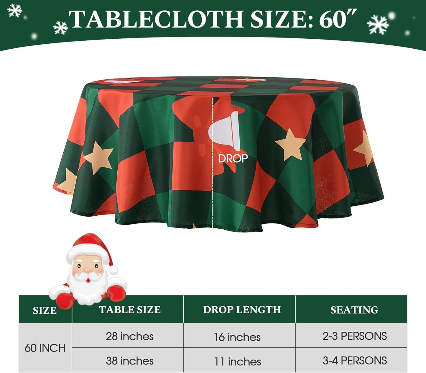 Christmas Tablecloth Round 60 Inch Waterproof, Machine Washable Checkered Polyester Table Cover for Xmas Party, Winter Holiday Home Decoration in Festive Checkered Star 1pack