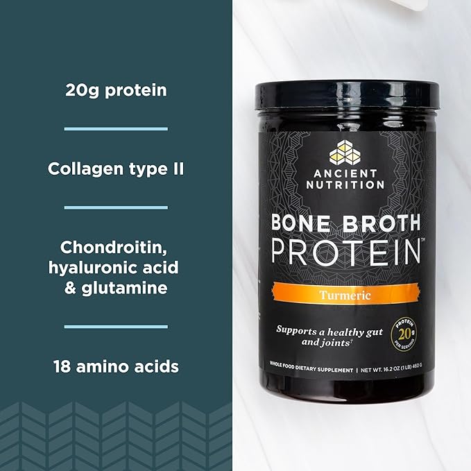Ancient Nutrition Grass Fed, Cage Free, Bone Broth Protein Powder, 20g Protein, Hydrolyzed Collagen Peptides, Keto & Paleo Friendly, Supports Joint & Gut Health, Turmeric, 20 Servings