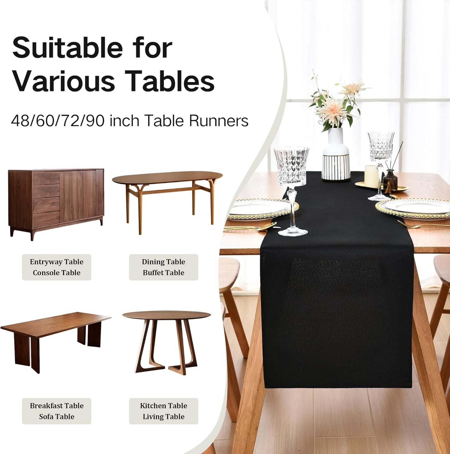 Farmhouse Black Table Runner Dining Table Runners 48 Inches Long Coffee Table Runner for Dresser Living Room Bedroom Holiday Party Banquet 12X48 Inch