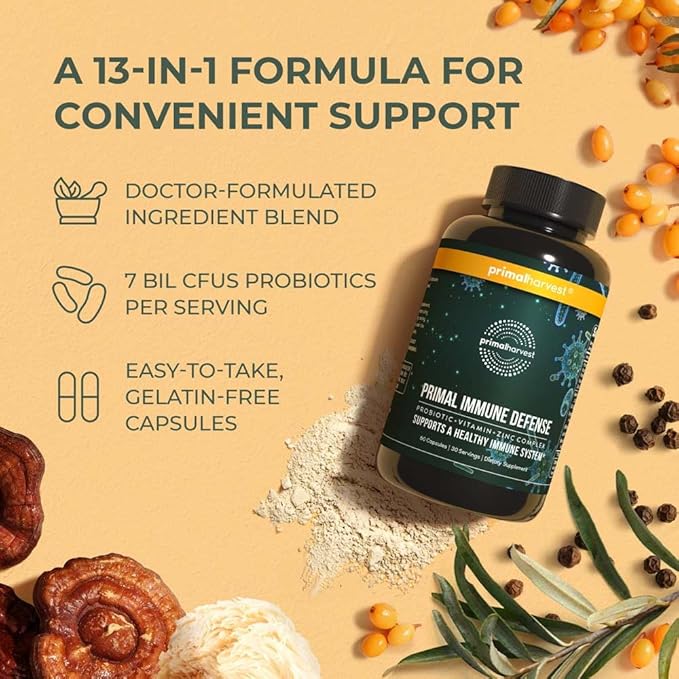 Primal Harvest Primal Immune Defense: 10-in-1 Immune Support with Probiotics, Zinc, Vitamins C, B6, D3 & K2, Immune Booster for Adults 60 Capsules (2-Pack)