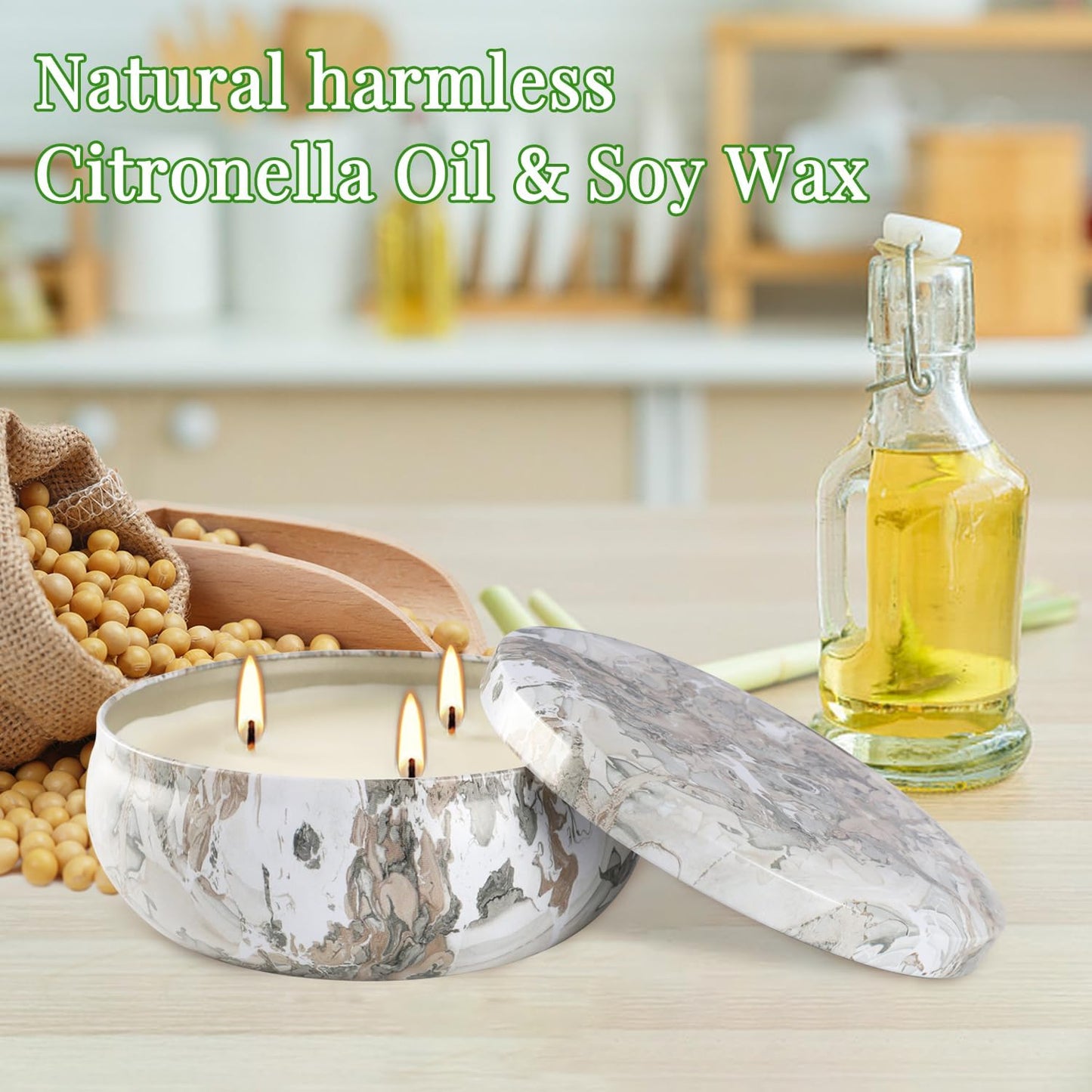 30-Hour Citronella Candle Set – 4 x 12oz Soy Wax Candles for Indoor Outdoor Use,3 Wicks Ideal for Home Patio, Balcony BBQs, and Summer Camping