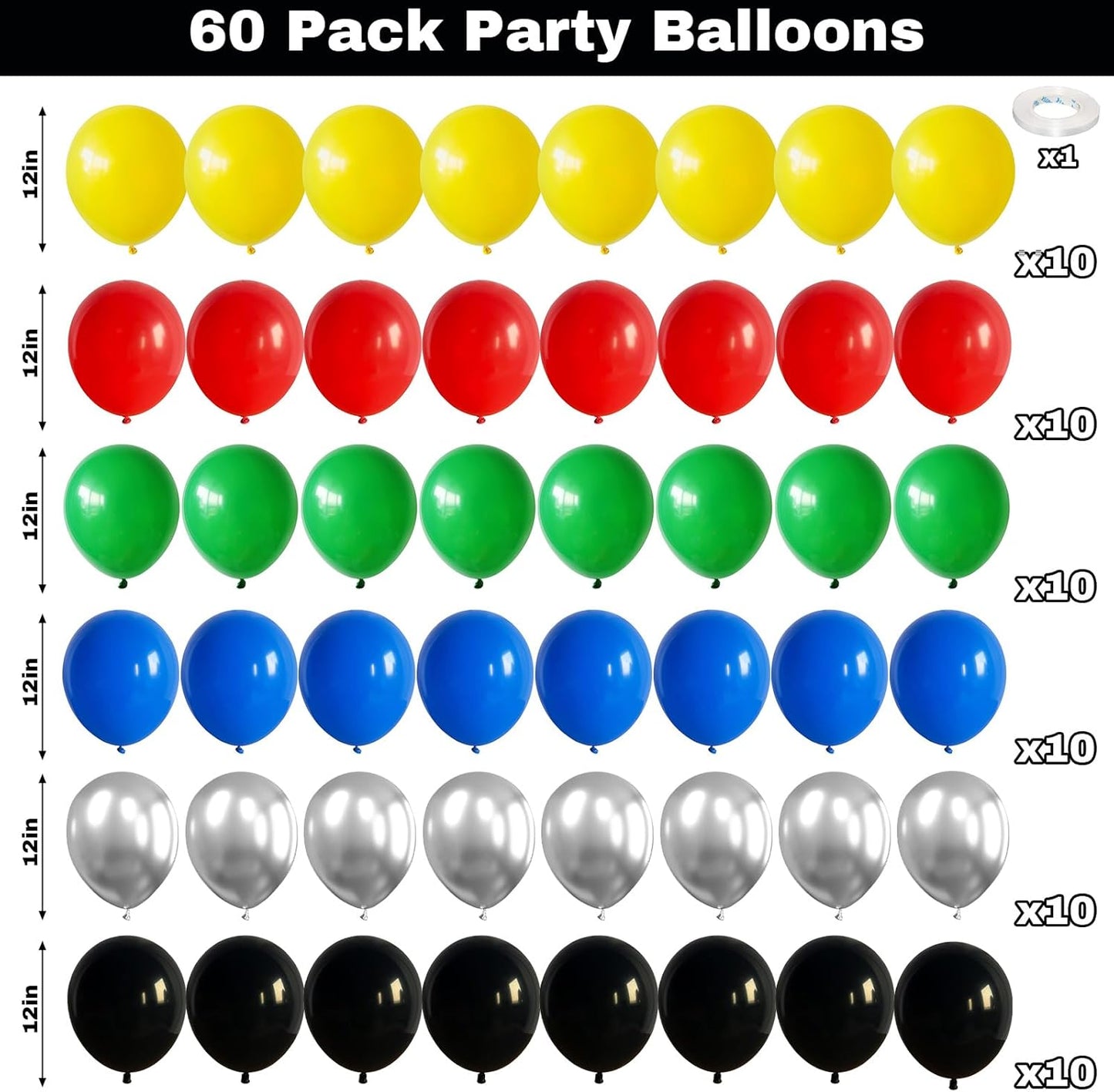 60 Pack Balloons Red Yellow Green Blue Black Party Balloons with Metallic Silver Helium Balloon, Rainbow Colorful Latex Balloons Set for Kids Birthday Carnival Themed Decorations