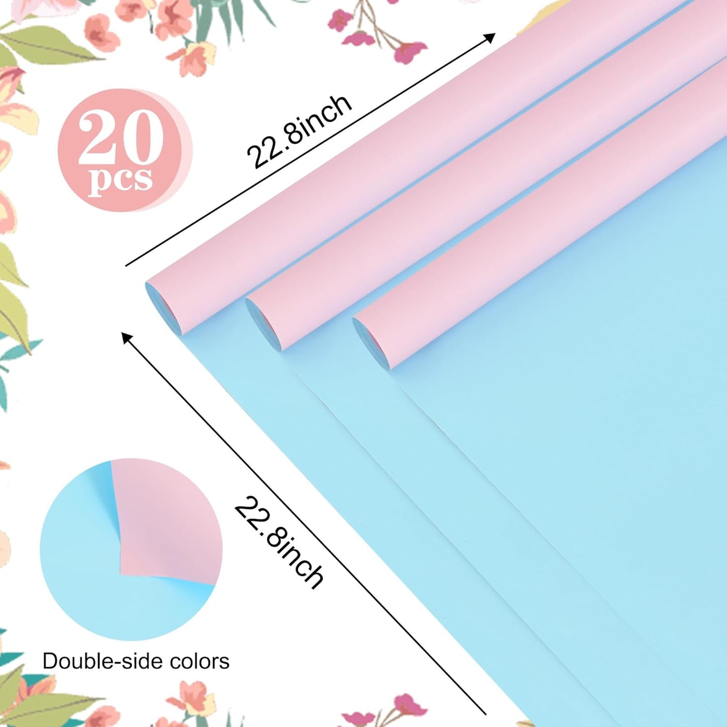 BEISHIDA 20Pcs Baby Blue and Baby Pink Double Sided Floral Wrapping Paper Matte Waterproof Flower Bouquet Wrapping Paper for Floral Wrap Florist Packing Supplies Valentine's Christmas Gift Wrapping