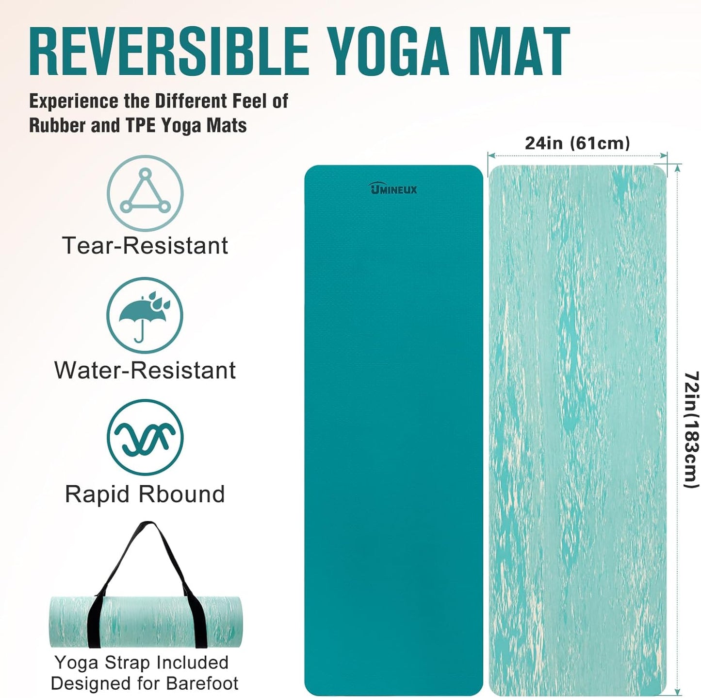 UMINEUX Extra Thick Yoga Mat, 2/5 Inch (10MM), Natural Rubber and TPE Non Slip Yoga Mats with Strap for Women Men, Eco Friendly Exercise Mat for Yoga, Pilates and Home Workout