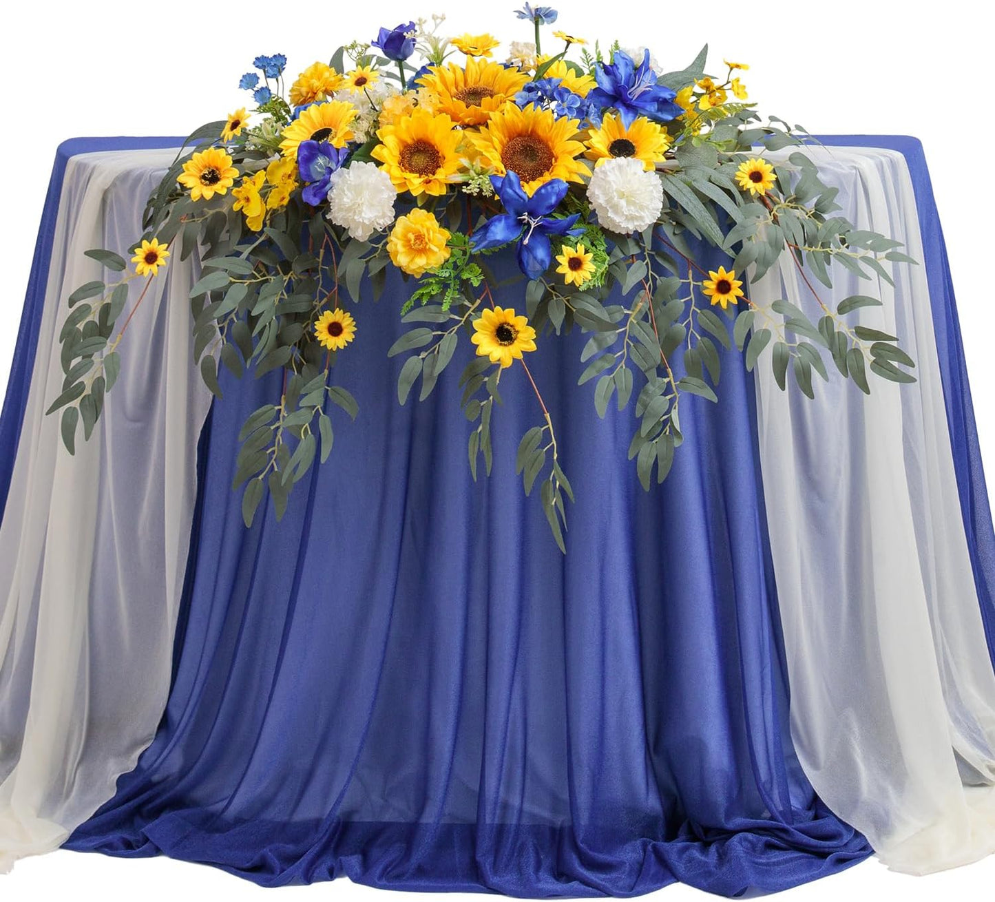 TINGE TIME Artificial Sweetheart Flower Swag with Tablecloth and Table Runner, Pack of 3 Floral Arrangement for Wedding Sweetheart Table Centerpiece Decoration Valentine's Day (Sunflower&RoyalBlue)