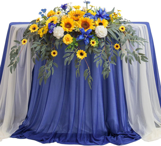 TINGE TIME Artificial Sweetheart Flower Swag with Tablecloth and Table Runner, Pack of 3 Floral Arrangement for Wedding Sweetheart Table Centerpiece Decoration Valentine's Day (Sunflower&RoyalBlue)