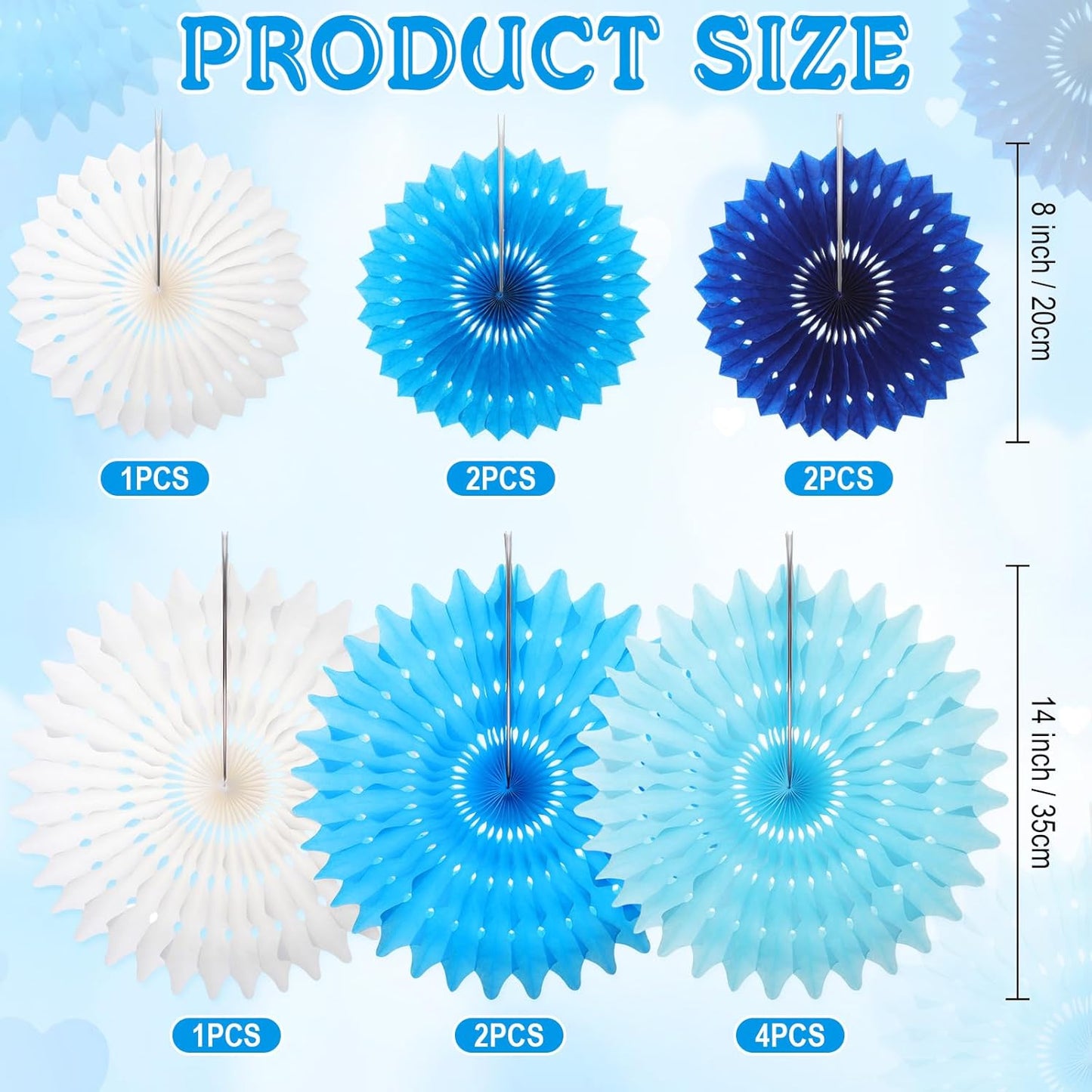 Outus 12 Pcs Hanging Honeycomb Paper Fans Sets, Fiesta Blue and White Party Decorations, Tissue Paper Flowers Supplies for Birthday Wall Classroom Wedding Bridal Photo Backdrop (8/14 Inch)