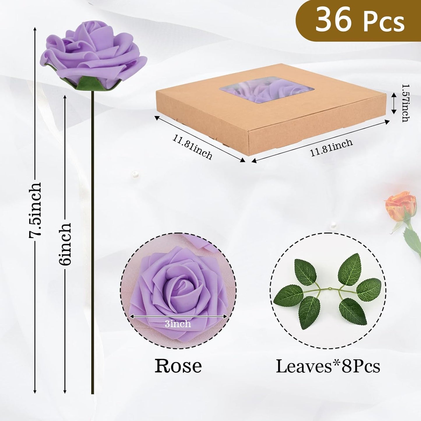 BLEUM CADE 36Pcs Artificial Flowers Fake Roses with Stems, Purple Boxed Foam Roses for DIY Bouquets Centerpieces Wedding Party Arrangement Bridal Shower Decor