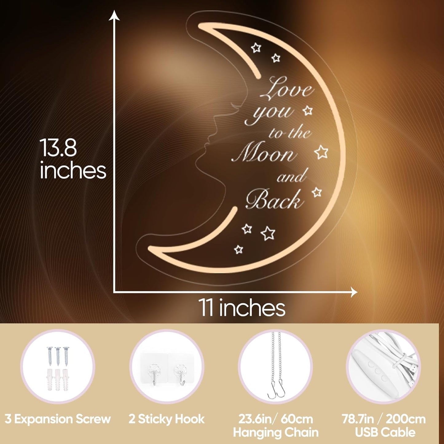 Moon Neon Light Sign for Wall Decor, 5v USB Powered & Dimmable Love You to the Moon and Back LED Light for Girls Kids Bedroom Living Room Home Party Decor