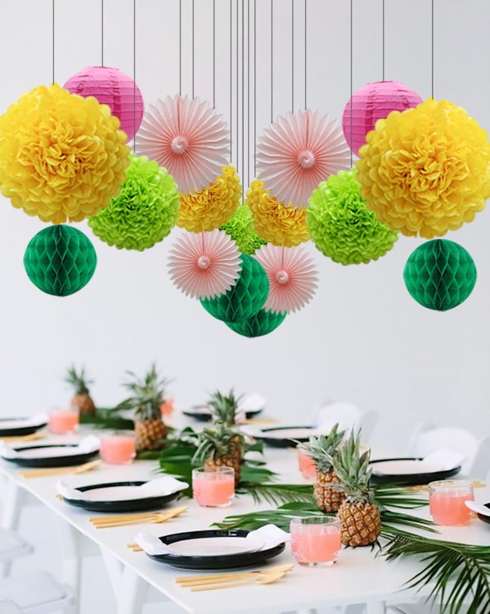Party Decorations Kit Hanging Paper Fan Tissue Pom Poms Flowers Honeycomb Balls Paper Lantern for Trial Baby Shower First Birthday Bridal Shower Summer Decorations Hawaiian Luau Beach Supplies