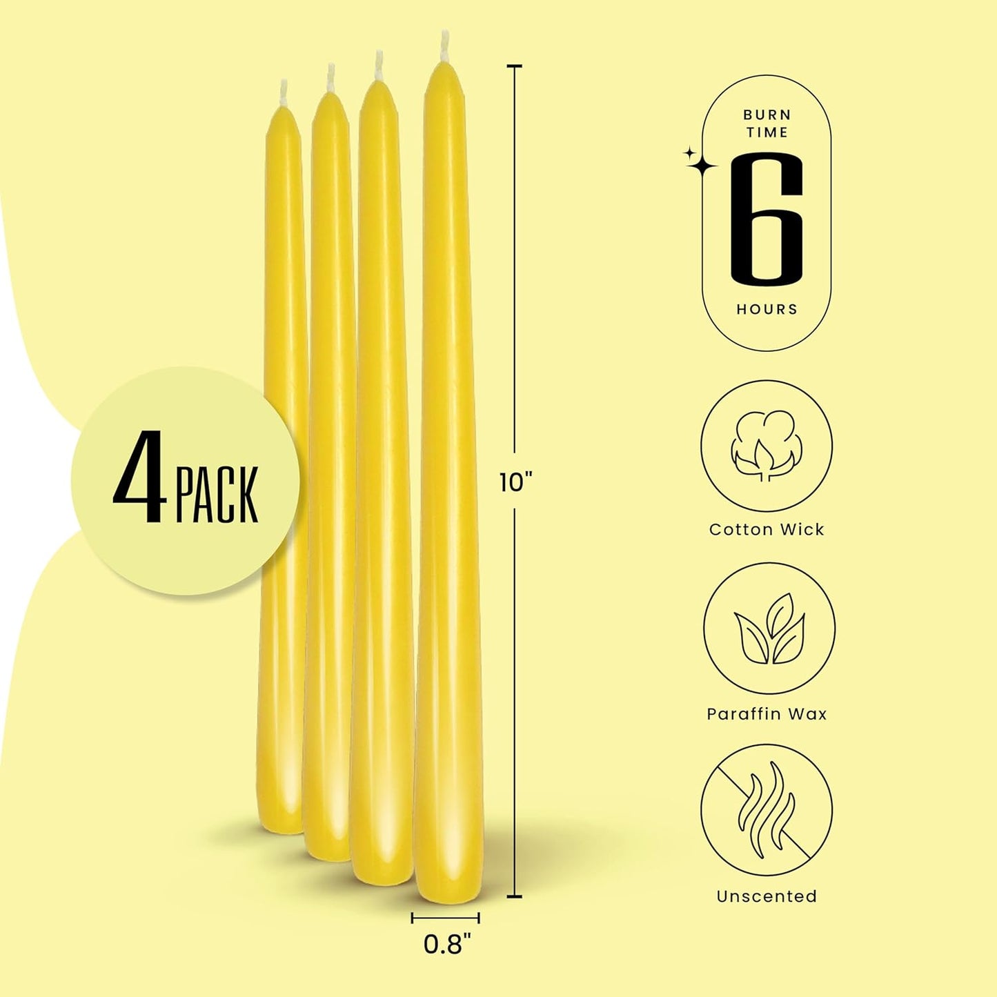 Leor & Lair Yellow Taper Candles - 4 Pack 10" Yellow Candlesticks - Unscented Long Burning Candles for Fall Decor, Dinner Table, Holidays, Weddings, Restaurants & Business Events