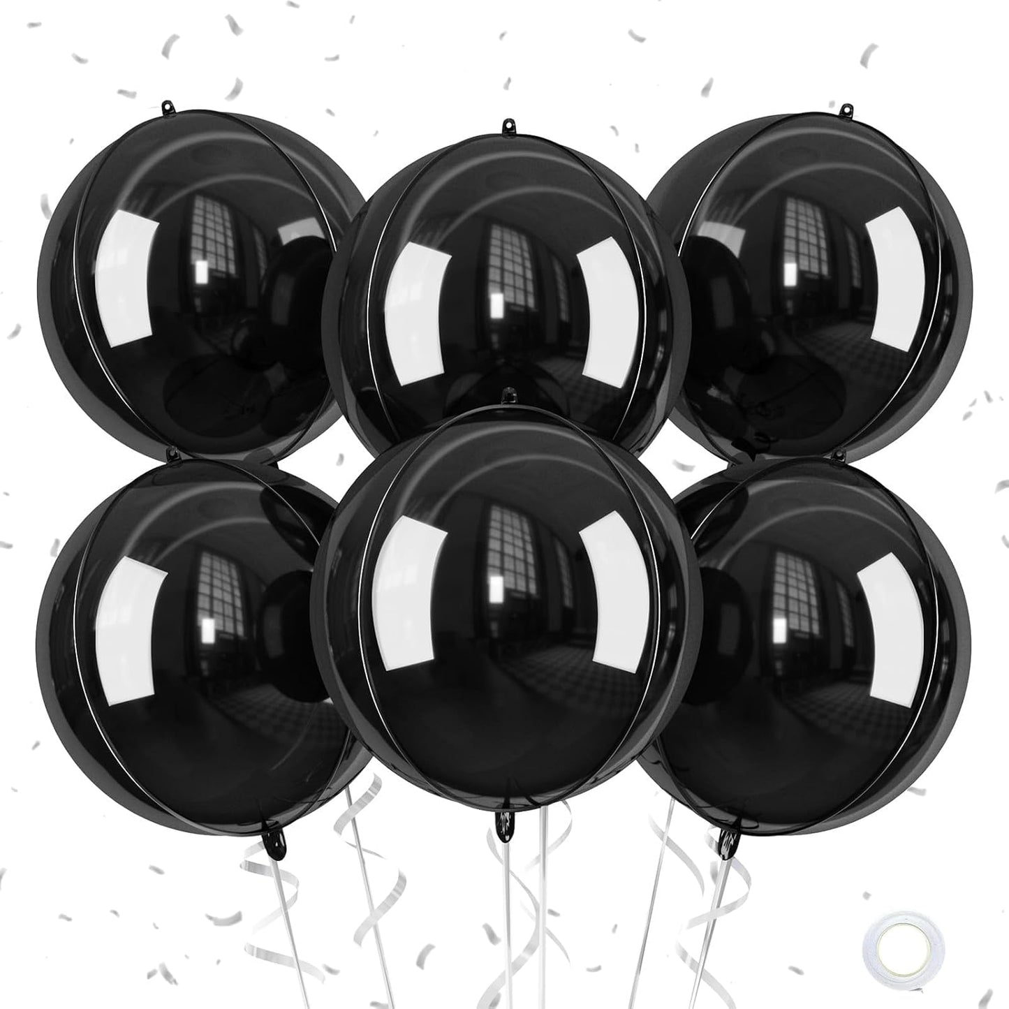 Giant 4D Foil Balloons, 6Pcs Large Metallic Black Round Balloons, 22 Inch Big Round Foil Balloon for Black Birthday Party Baby Shower Wedding Decorations