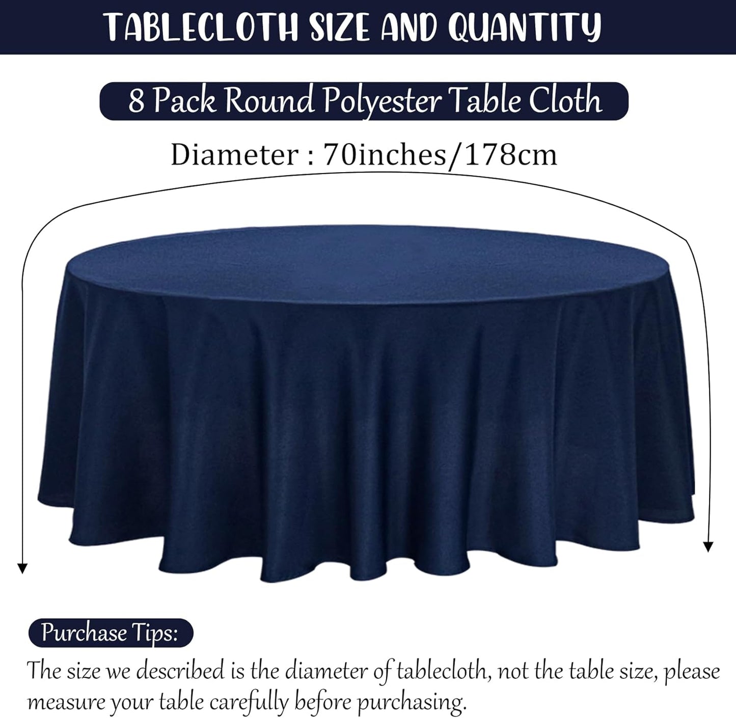 8 Pack Round Tablecloth 70 Inch Round Table Covers Bulk Washable Polyester Fabric Round Table Clothes for Wedding Party Reception Banquet Buffet Restaurant (Navy Blue, 70 Inch)