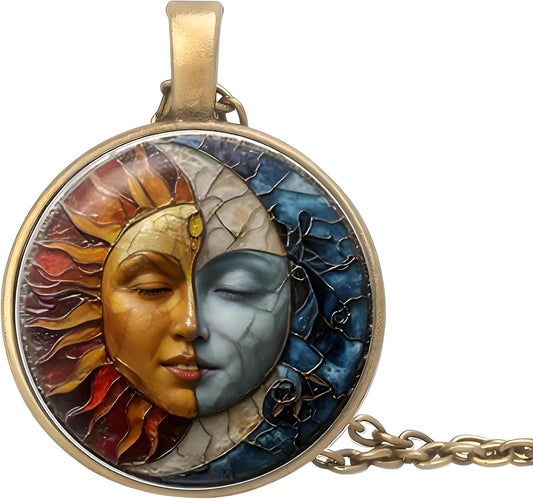 1pc Stunning Round Pendant Necklace - Unique Sun & Moon Pattern, Oil Painting Style Glass Mosaic, Alloy Construction, Trendy Sweater Chain, Fashionable Gift for Women - Christmas or Birthday Gift
