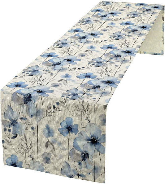 Watercolor Floral Table Runner, Blue Poppy Flower Seasonal Spring Summer Table Runner for Kitchen Dinning Table Runner Decor Home Wedding Party Holiday, 13x90 Inch