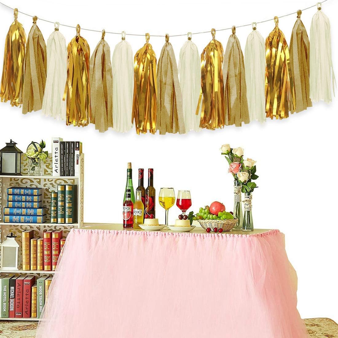 Sparkly Paper Pennant Banner Triangle Flags Bunting 8.2 Feet and Tissue Paper Tassels Garland 15 pcs for Baby Shower, Birthday Party Decorations, Metallic Gold