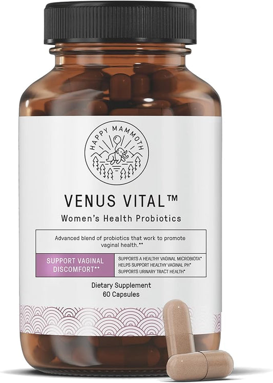 Happy Mammoth Venus Vital 3-in-1 Women’s Health Probiotic Formula Supports Vaginal, Urinary & Gut Health. Fast & Long-Lasting Relief from Vagina Odor, Itching, Burning, and Discomfort. 60 Caps.