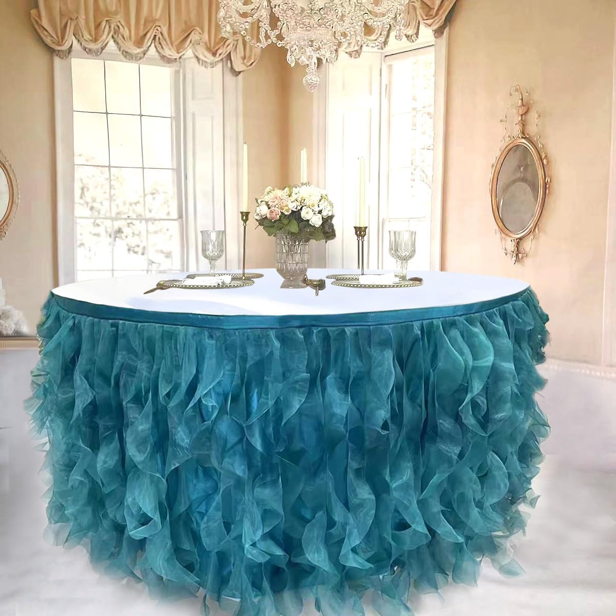 Luxury Organza Mesh Table Skirt Draping Floating Romance - Perfect for Bridal Showers, Birthday Weddings - Clear Flowing Decoration for a Wonderful Main Cake Table (Teal Blue-6ft, 72"Lx30"H)