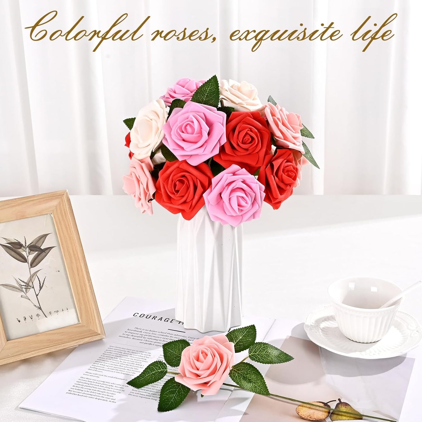 BLEUM CADE 16Pcs Artificial Flowers Fake Roses with Stems, Gradient Red & Pink Boxed Foam Roses for DIY Bouquets Centerpieces Wedding Party Arrangement Bridal Shower Decor