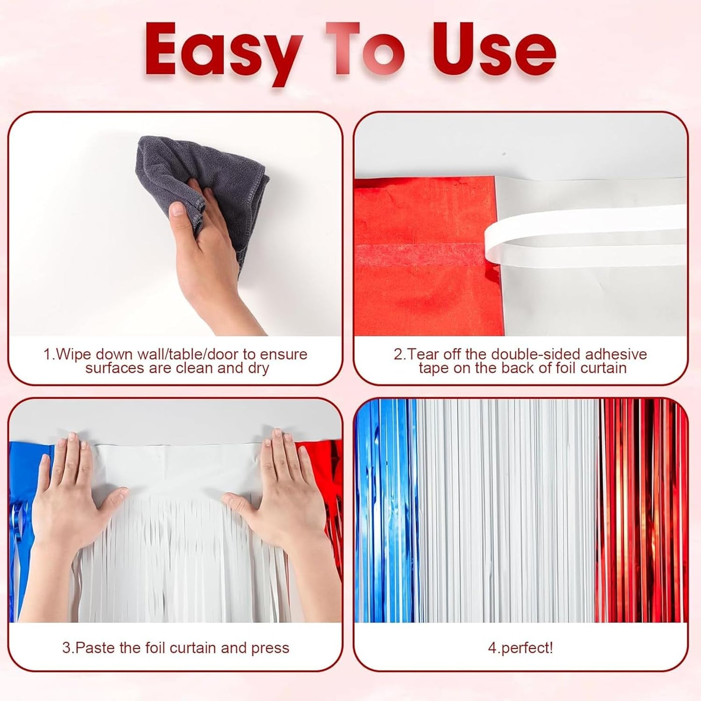 2 Pack Red White and Blue Foil Fringe Backdrop Curtains, Tinsel Streamers Party Decorations, Fringe Backdrop for Patriotic, Memorial Day, 4th of July, Independence Day