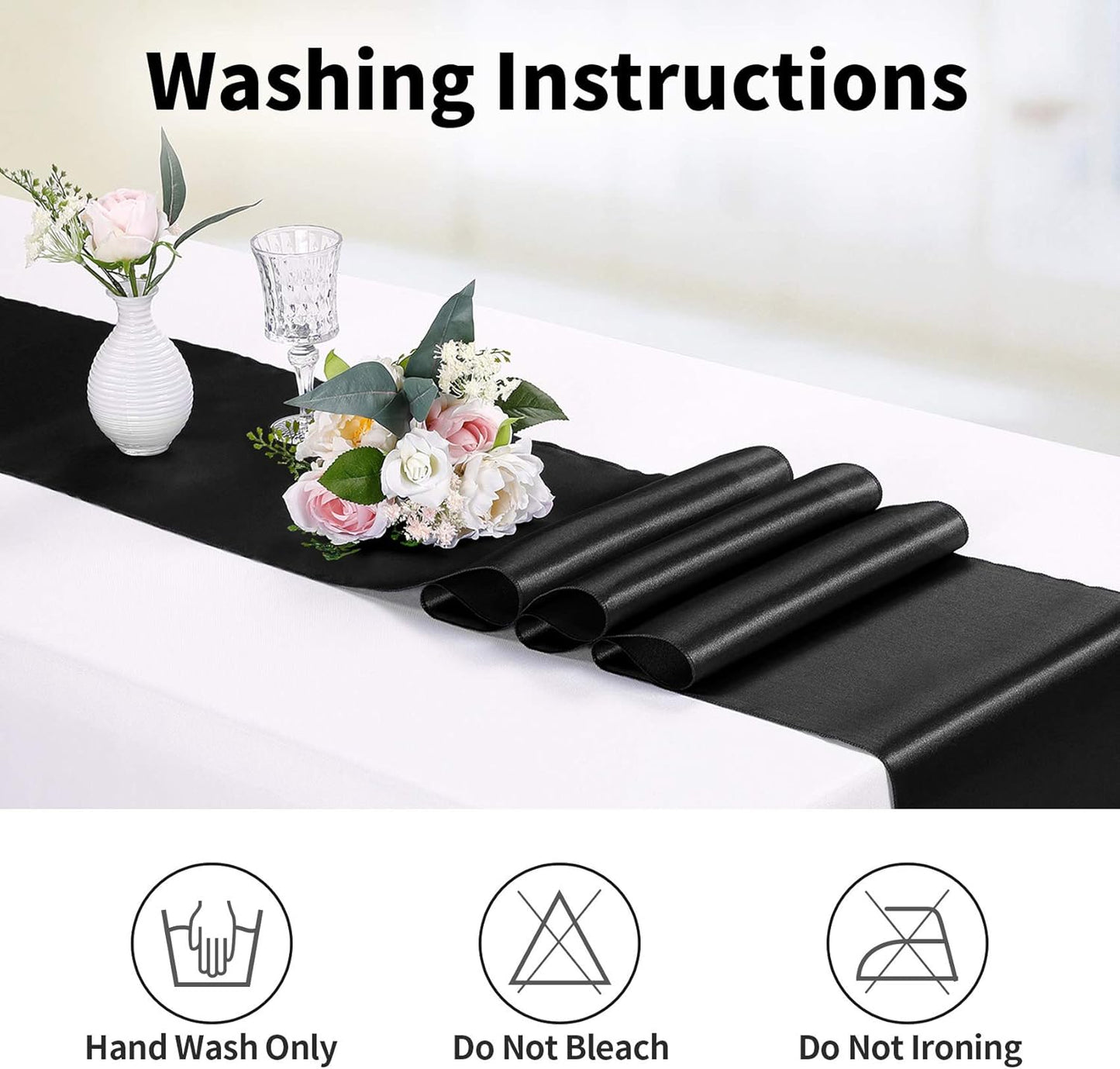 10-Pack Satin Table Runner Black 12 x 108 inches Long, Table Runners for Wedding, Birthday Parties, Banquets Decorations（10 Pack, 12x108 Inch, Black）