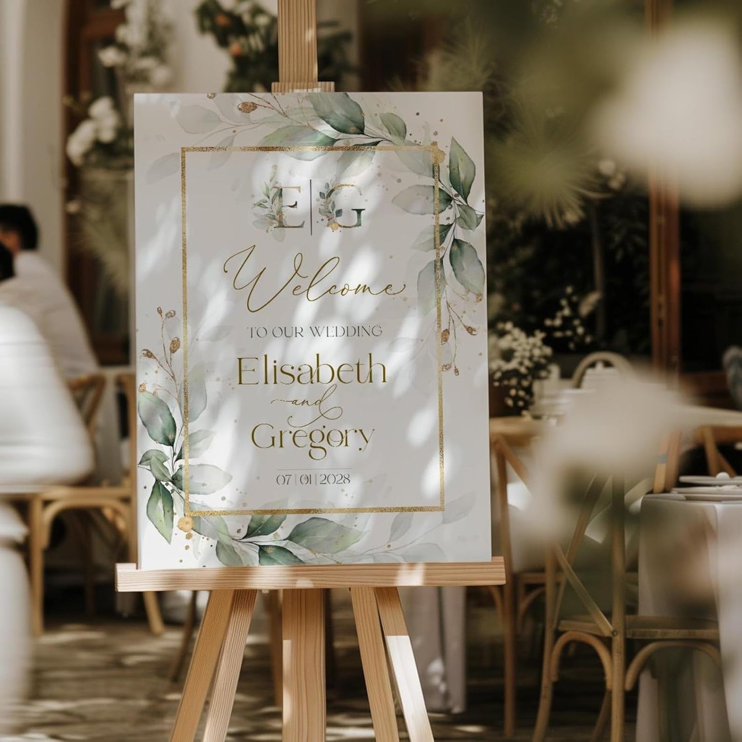 Personalized Wedding Welcome Sign, Greenery Eucalyptus Sage Gold Wedding Sign Signage 12" X 18" (Small), 27" (Medium), 36" (Large), Plastic, Modern, Pole Mount, Weather