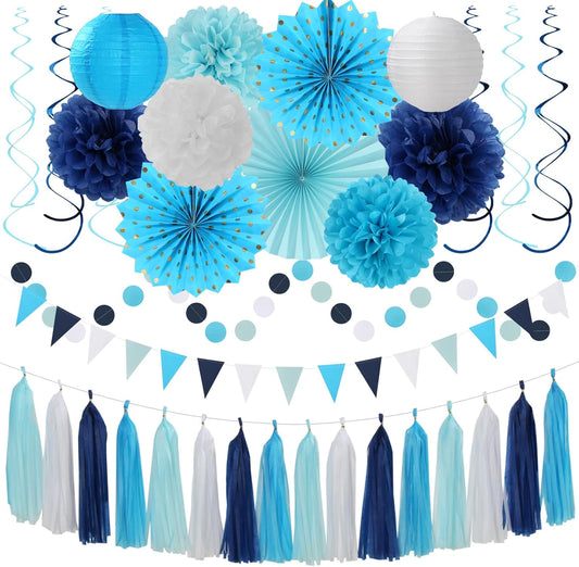 Light Royal Navy-Blue White Party-Decorations - 33pcs Kits Banner, Streamers Tassel Garland,Tissue Pom Poms Honeycomb, Paper Lantern Fans,Birthday Bachelorette Bridal Wedding Baby Shower Decor Hugtmr