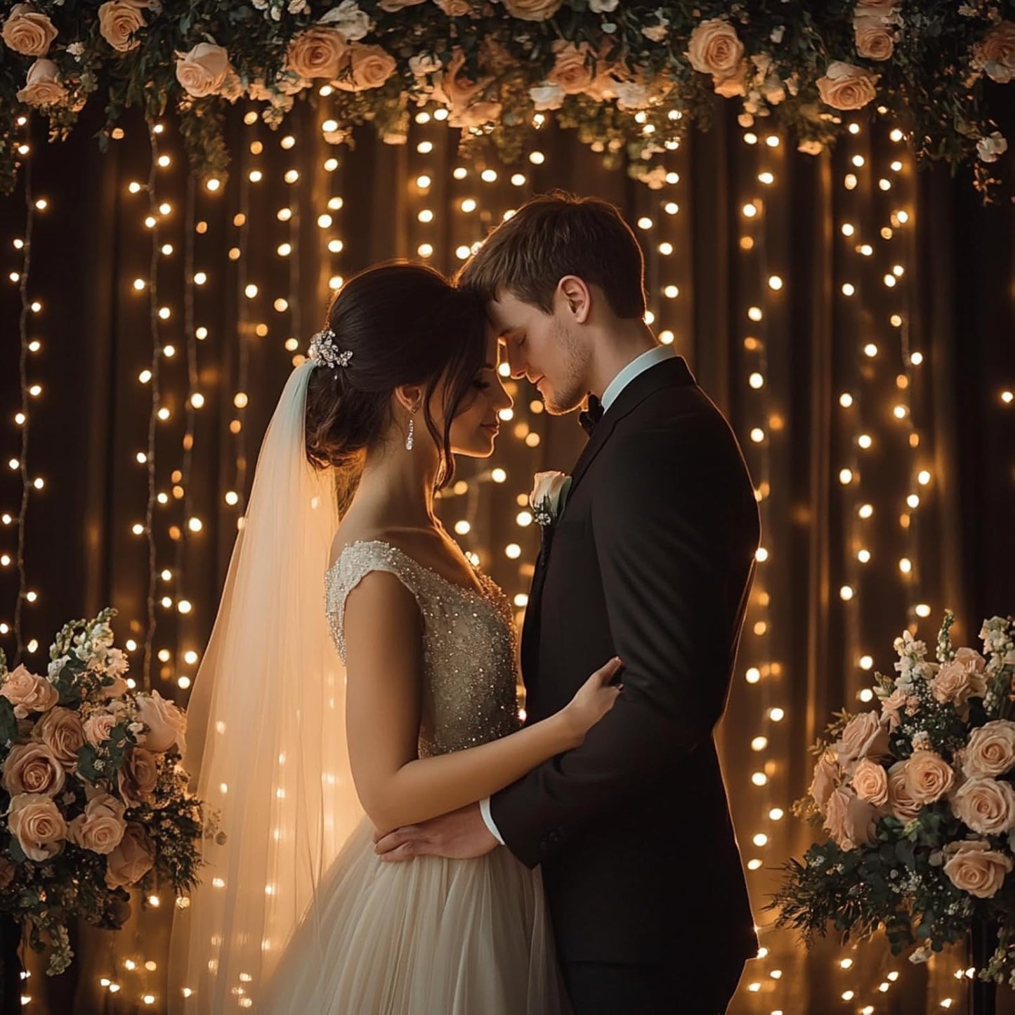 10x10ft Black Tulle Backdrop Curtain with String Lights, Wrinkle-Free Sheer Wedding Backdrop for Birthday Parties, Baby Showers, Bridal Showers, Photo Shoots and Home Decorations, Black