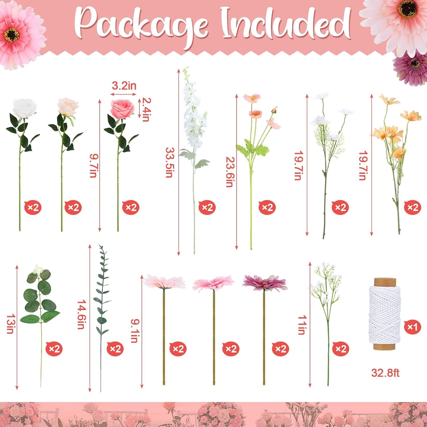 Hoteam 51 Pcs DIY Flower Garland Artificial Hanging Wildflower Backdrop Set Fake Rose Eucalyptus Daisy Poppy Wild Flower Decor for Wedding Party Birthday Home Garden (White,Champagne,Pink)