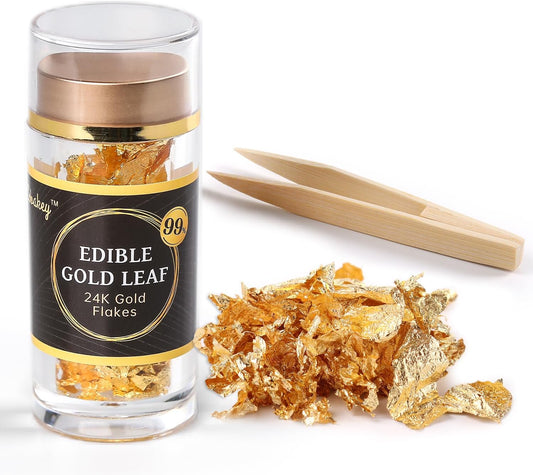 Cobakey Genuine Edible Gold Leaf Flakes - 50mg Edible Gold Flakes for Cake Decoration (Cupcake, Chocolate, Steak, Drink & Cooking), PureGold Leaf with Edible Glitter & Wooden Tweezers