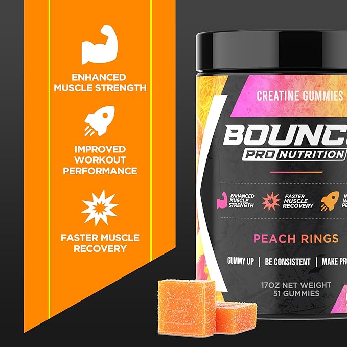 Bounce Pro Creatine Monohydrate Gummies for Men & Women, Low Calorie, 6G of Creatine per Serving, Vegan, Anti-Melting, Gluten-Free, Non-GMO, 2g of Creatine per Gummy (30ct, Peach Rings)