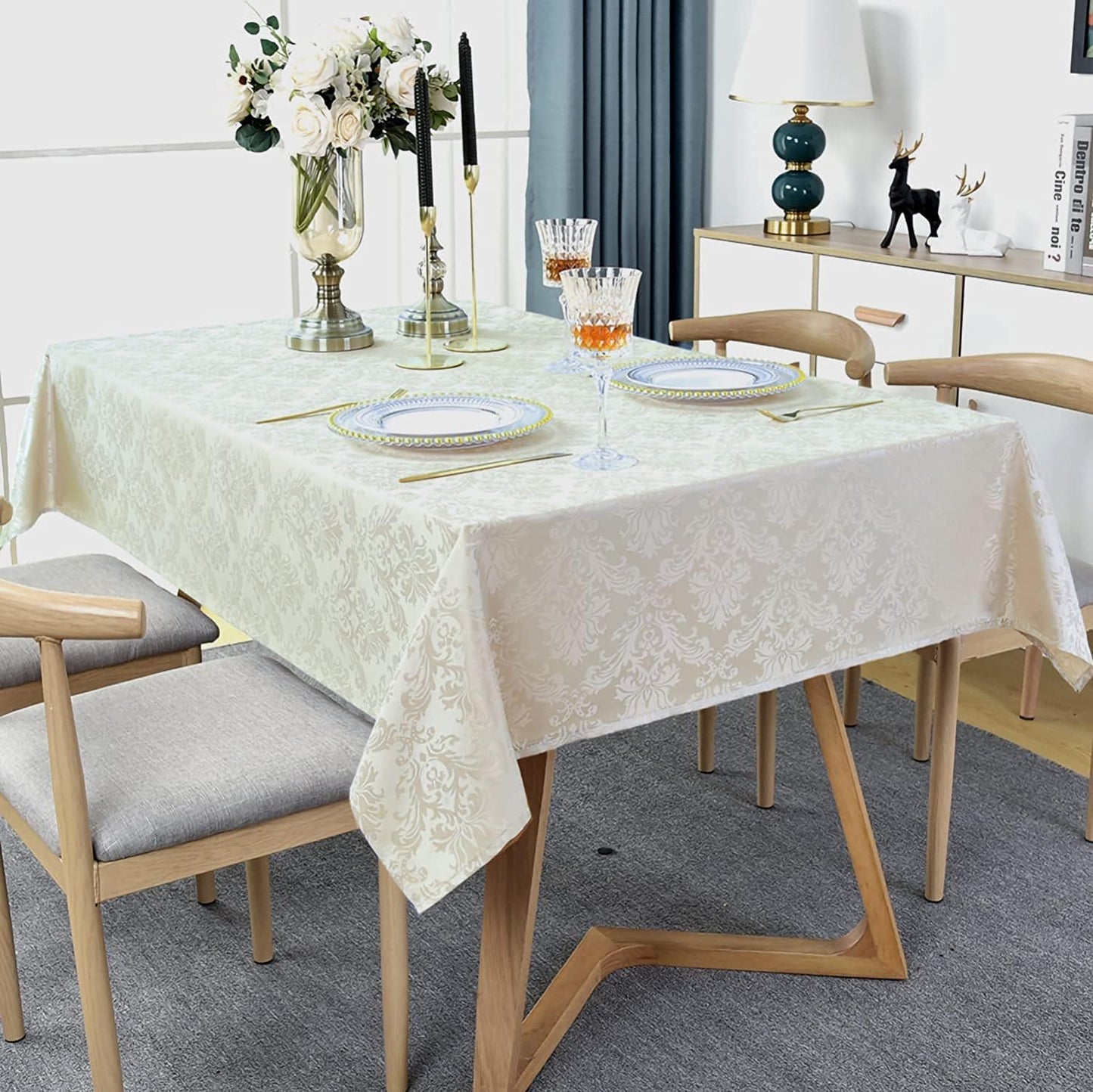 SASTYBALE Rectangle Tablecloth - 60 x 84 Inch Beige Cream Damask Table Cloth Jacquard Design Spill Proof Wrinkle Resistant Waterproof Soft Polyester Oblong Table Cover for Kitchen Parties(Ivory)