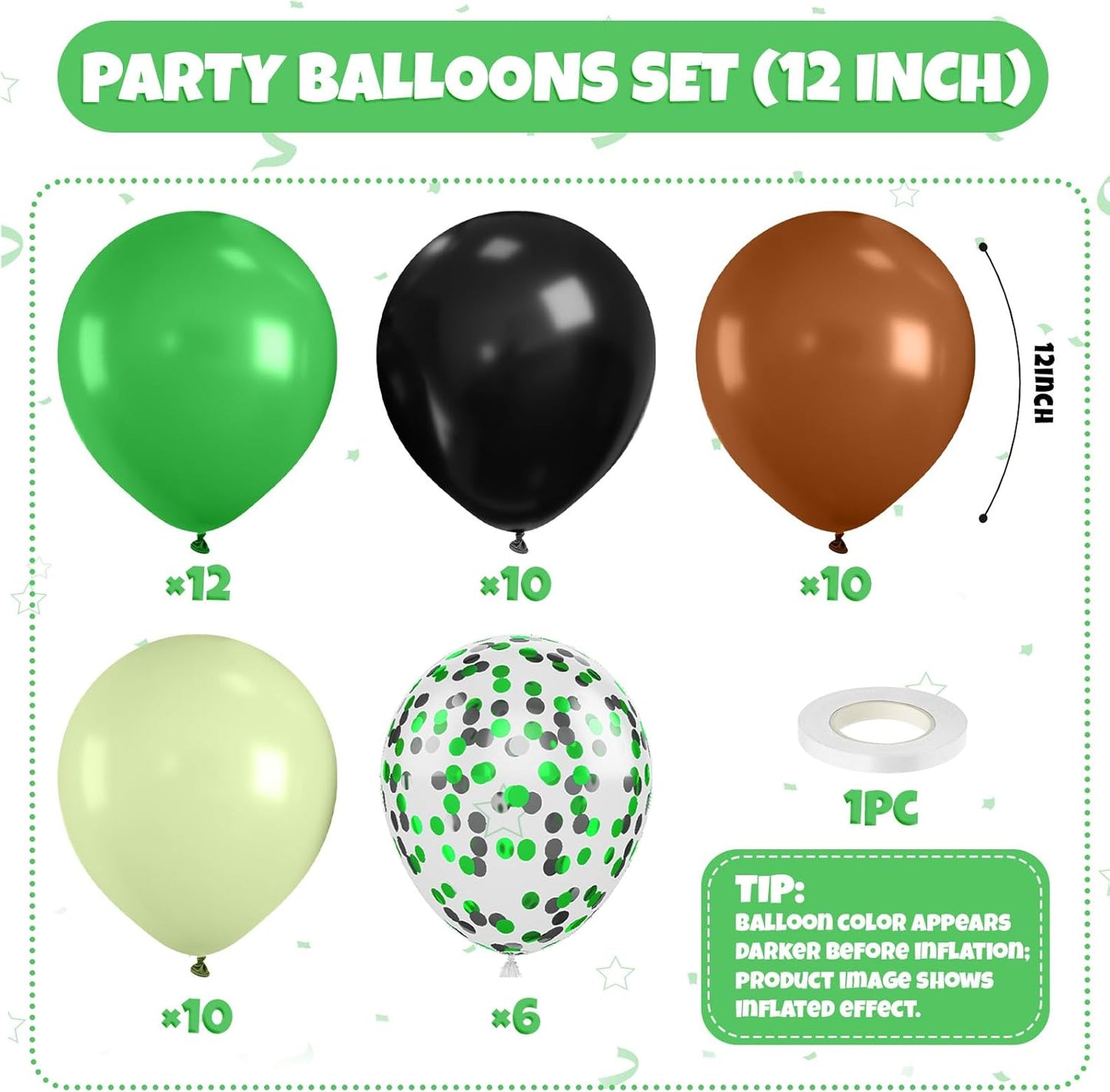 Green and Brown Balloons, 50PCS 12 Inch Camouflage Green Black Brown Ballons, Dark Emerald Green Confetti Balloon for Camping Game Jungle Theme Camo Birthday Army Party Decorations