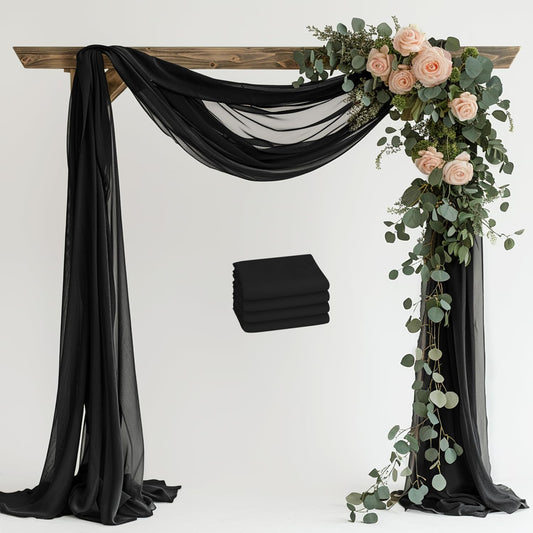 Wedding Arch Draping Fabric 4 Panels 28.7" x 20FT Black Sheer Chiffon Backdrop Drapes for Wedding Ceremony Birthday Party Bridal Shower Outdoor Decoration