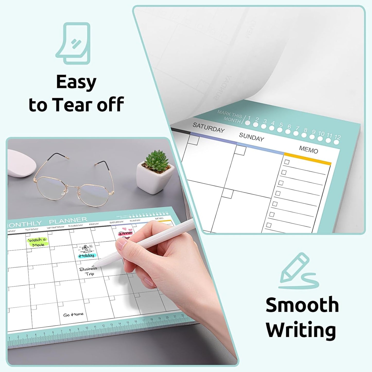 Phyxin Undated Planner, 54 Sheets Blank Calendar, 11.2" x 8.3" Monthly Calendar Planner, Tear Off Undated Monthly Planner with Memo for Women, Students, Teachers, Green