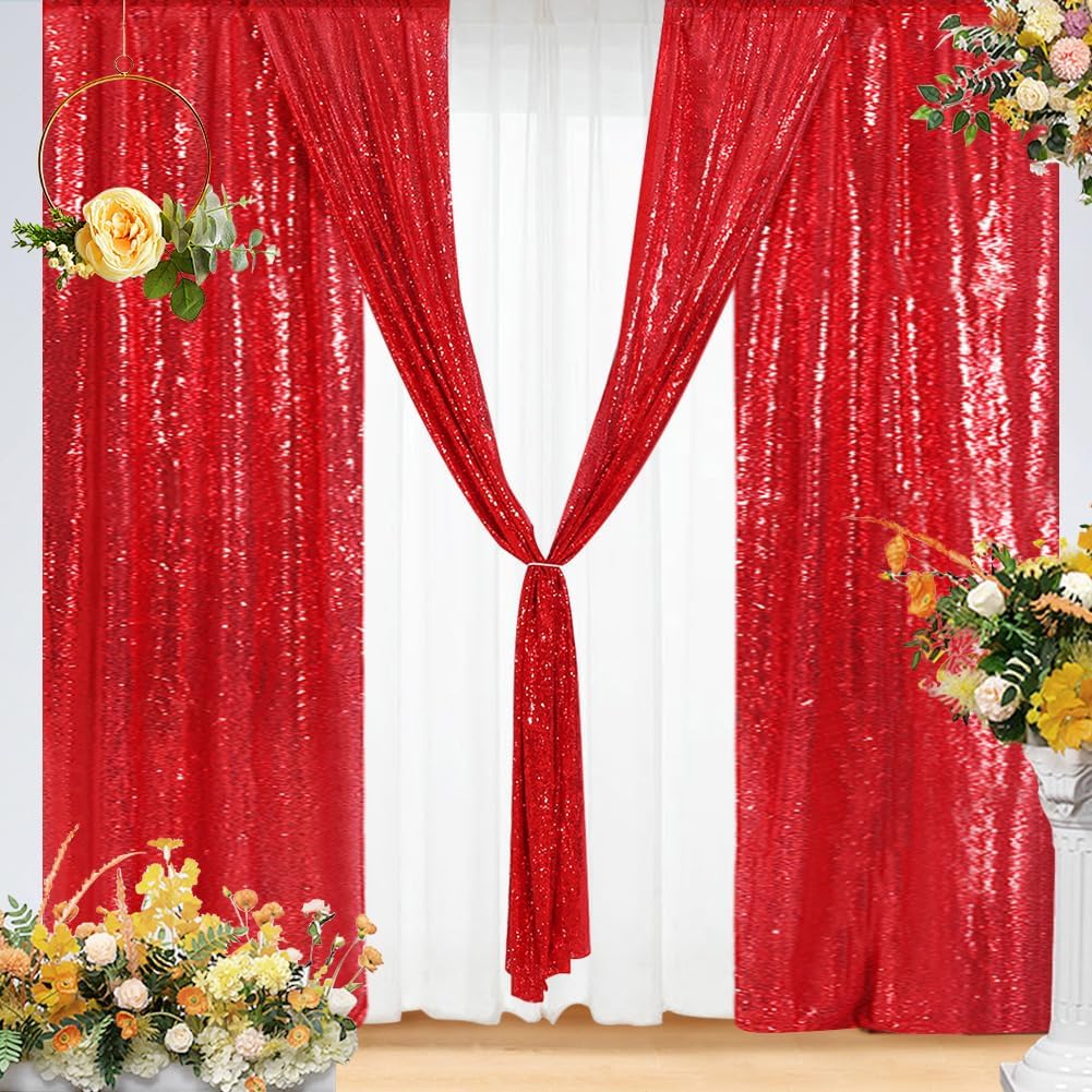 Eternal Beauty Sequin Backdrop Curtains, 2x8 Ft-2 Panels Red Back Drop for Shimmer Photography Party Wedding Birthday Decor