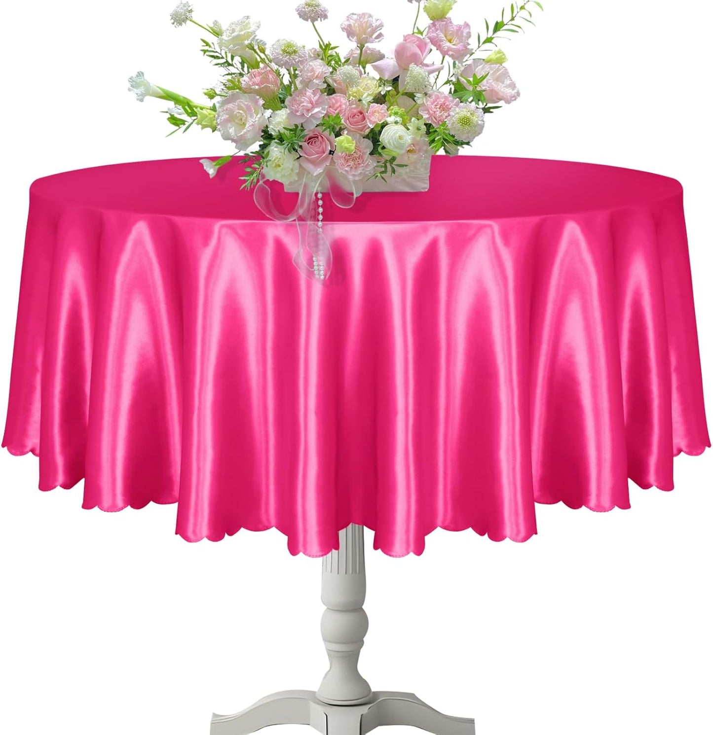 KKJIAF 1 Pack Round Table Cloths 90 Inch, Hot Pink Overlay Round Satin Table Cover, Silky Satin Dining Tablecloths for Wedding Buffet Parties Banquet Decoration