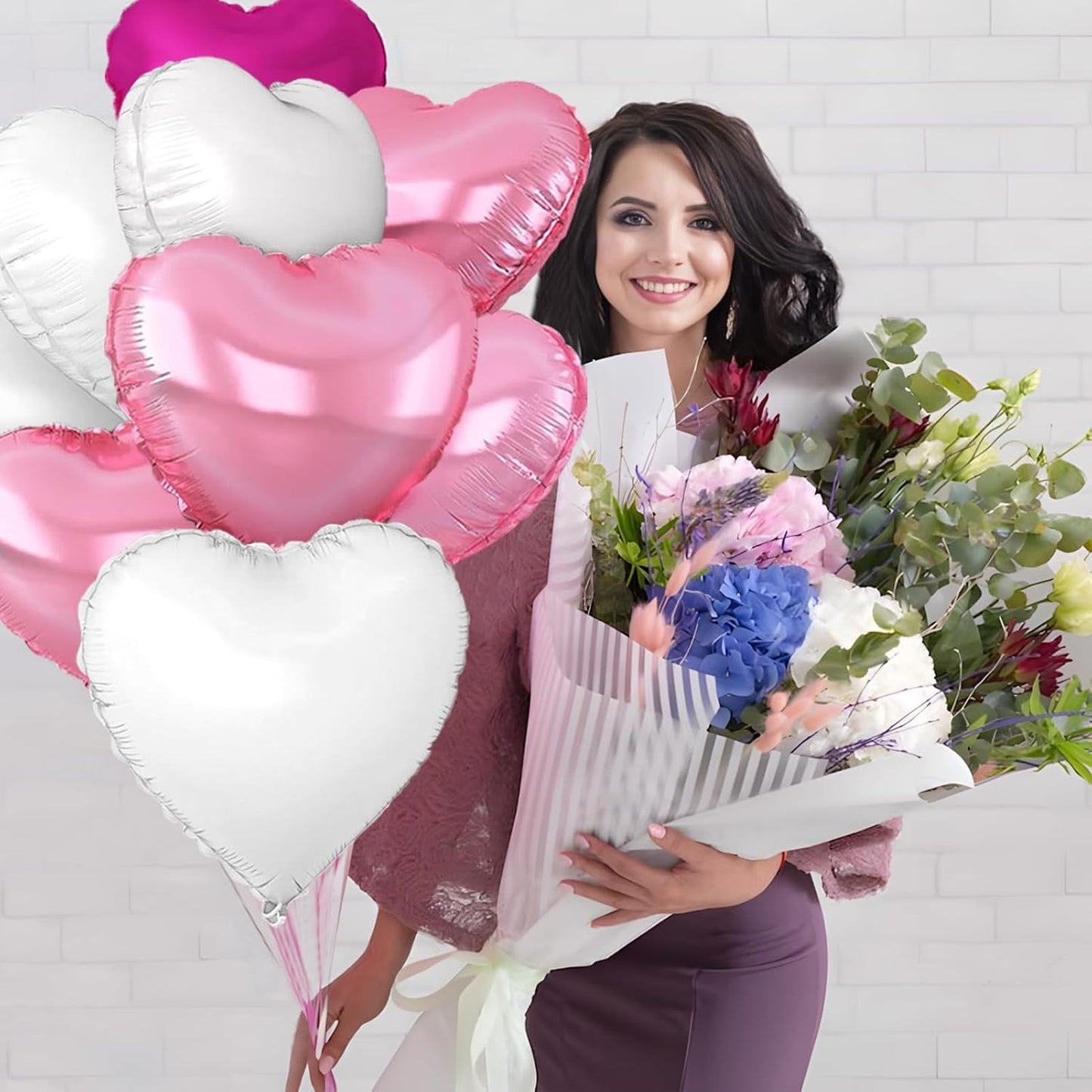 Rose Heart Balloons,18inch Bright Pink Heart Shaped Foil Balloons & White Helium Mylar Balloon for Anniversary Wedding Engagement Birthday Party Baby Shower Decorations(12Pcs)