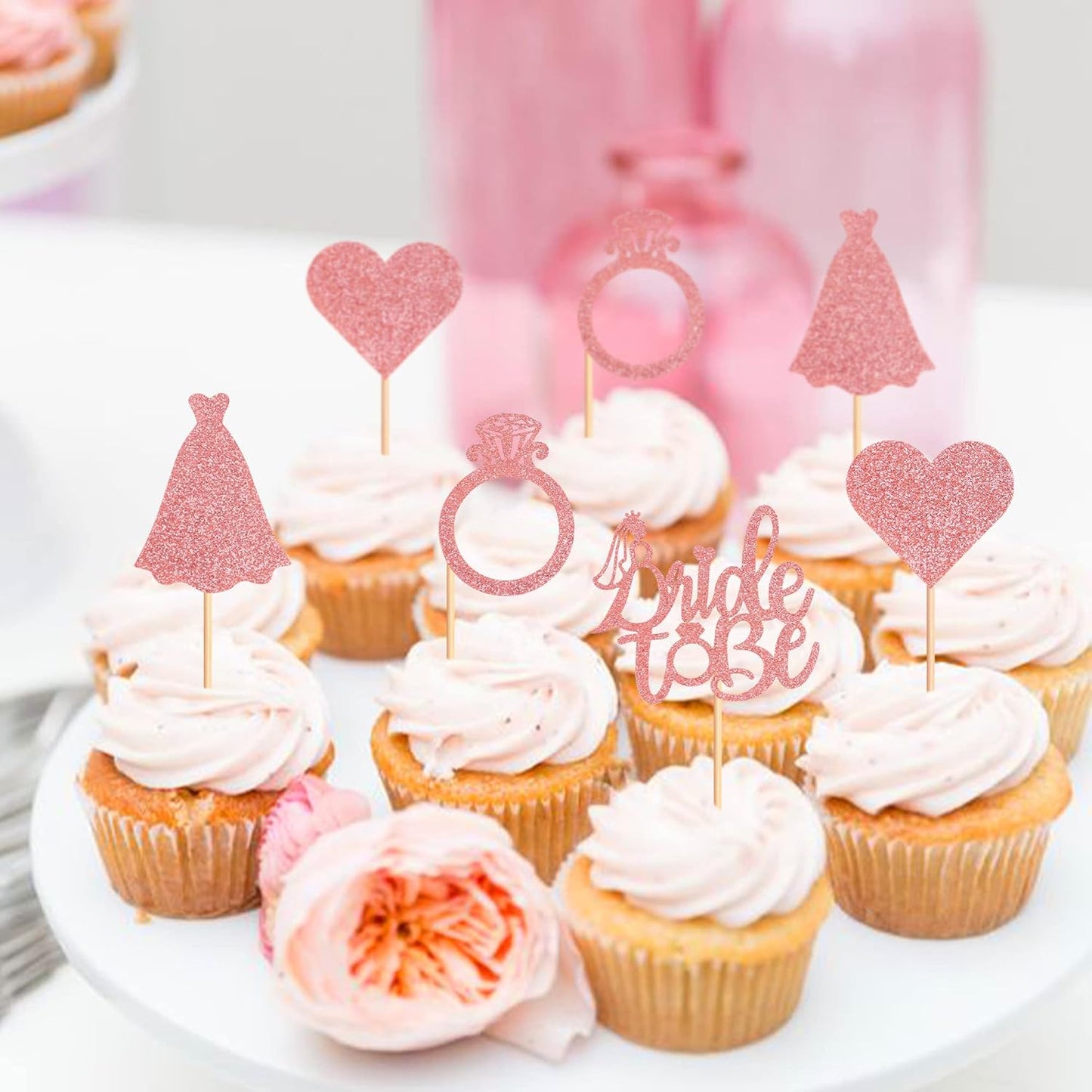 Pack of 24 Bride to Be Cupcake Toppers with Heart Ring Dress Bridal Shower Cupcake Picks Wedding Engagement Bachelorette Party Cake Decorations Supplies - Rose Gold Glitter