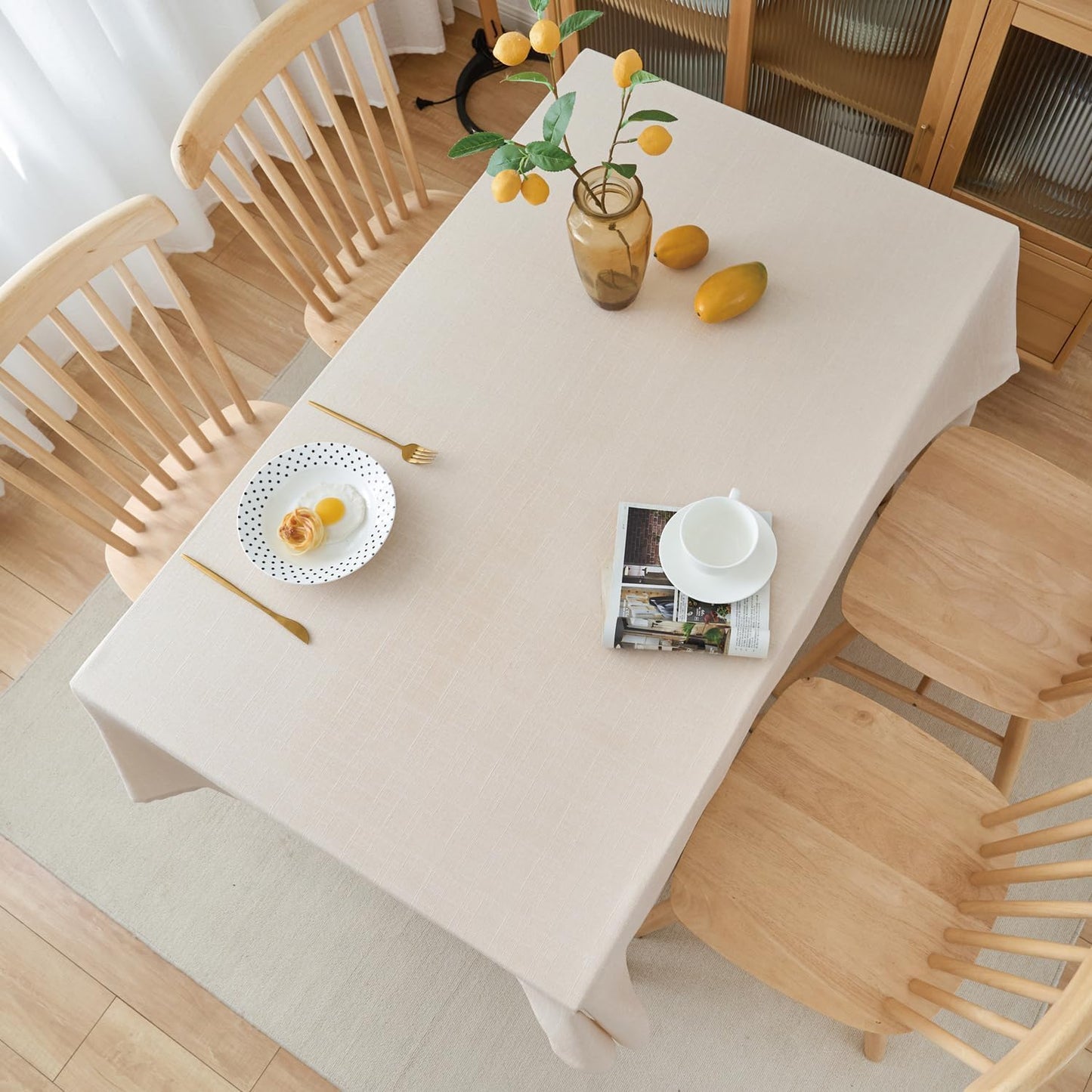 NLMUVW Linen Tablecloth for Rectangle Table 8ft - Textured Table Cloth Water Resistant Farmhouse Burlap for Kitchen Dining Café,Champagne, 54 x 102 Inch