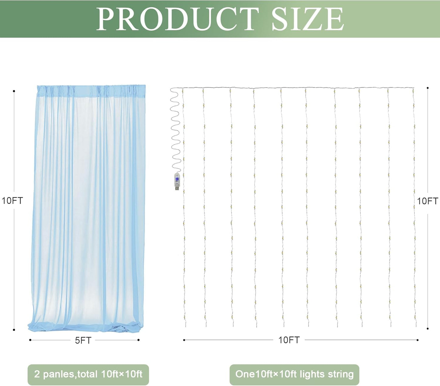 Tulle Backdrop Curtain with Lights String 10FT X 10FT Baby Blue Sheer Tulle Backdrop Curtains for Wedding Birthday Party Reception Photo Booth Background Decorations (2 Panels 5x10FT)