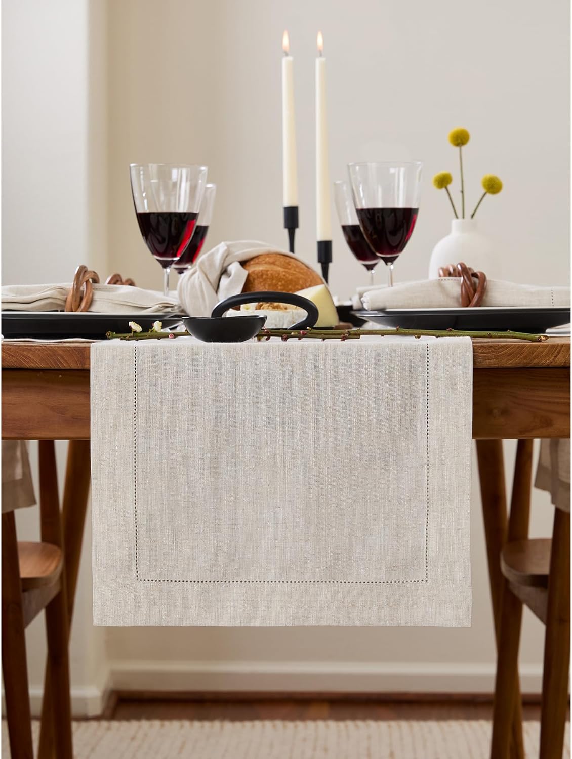 Solino Home Linen Light Natural Table Runner 156 Inches Long - 100% Pure Linen Extra Long Table Runner 14 x 156 Inch for Fall, Autumn, Thanksgiving - Classic Hemstitch