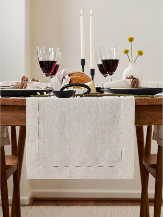 Solino Home Linen Hemstitch Table Runner 120 Inches Long - 100% Pure Linen Light Natural Table Runner 14 x 120 Inch for Fall, Autumn, Thanksgiving - Classic Hemstitch